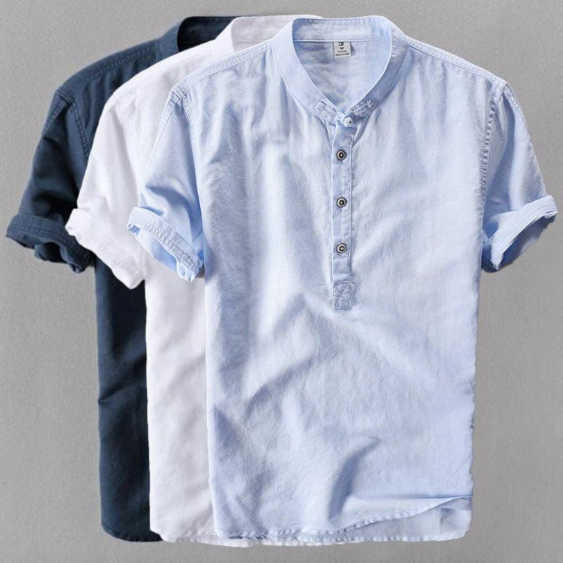 Men’s Short Sleeve Linen Shirt - Mandarin Collar - Lightweight Casual