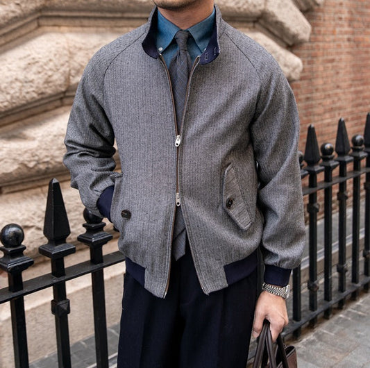 Wool Blend Harrington Herringbone Jacket