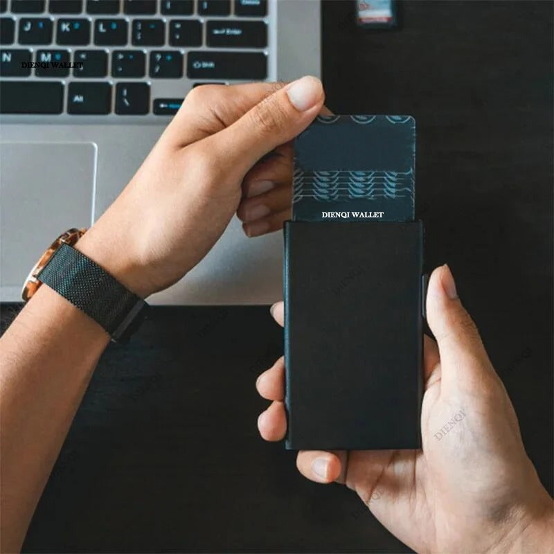 RFID-Blocking Minimalist Metal Wallet with Pop-Up Card Holder for Men and Women - Slim, Secure, and Stylish Black Design