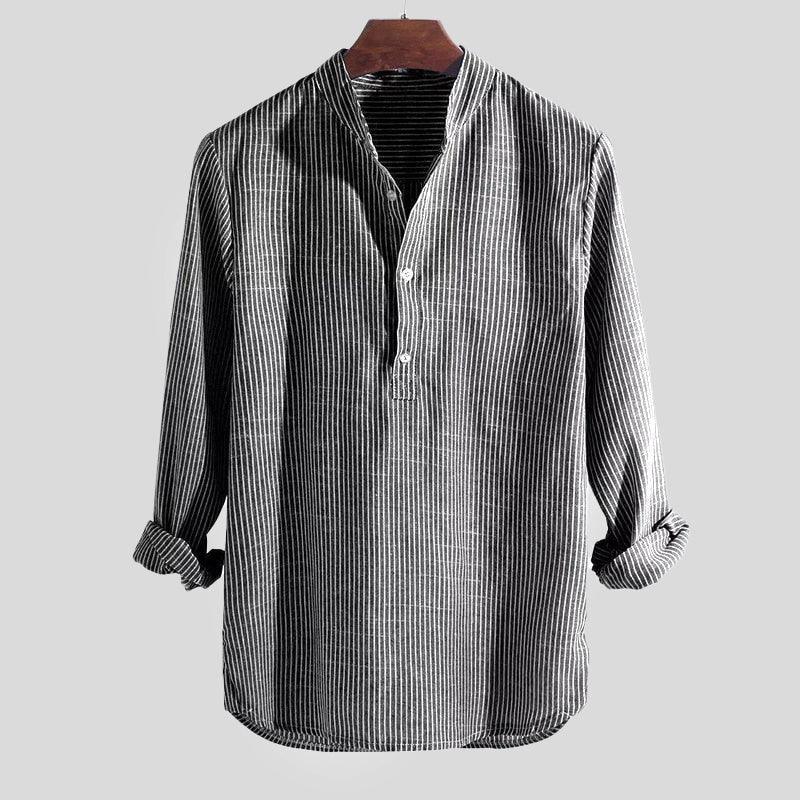 Men’s Long Sleeve Henley Shirt Cotton Linen Blend Striped