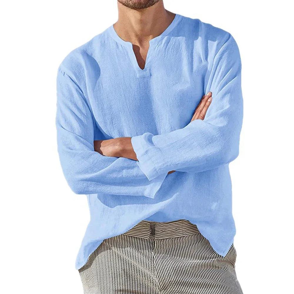 Breezewalk Linen Shirt | Men's V-Neck Long Sleeve Cotton Blend Pullover