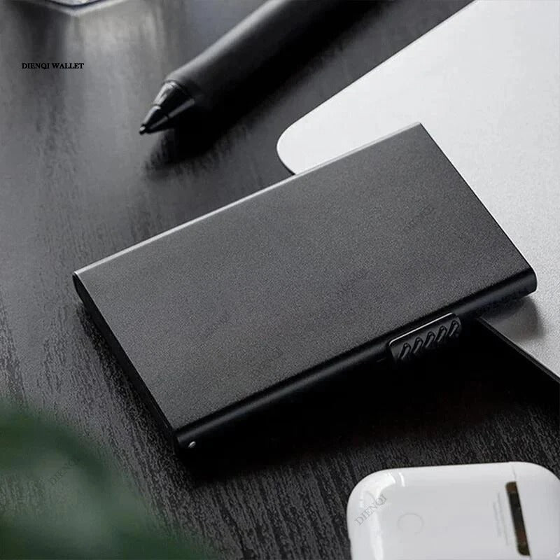RFID-Blocking Minimalist Metal Wallet with Pop-Up Card Holder for Men and Women - Slim, Secure, and Stylish Black Design