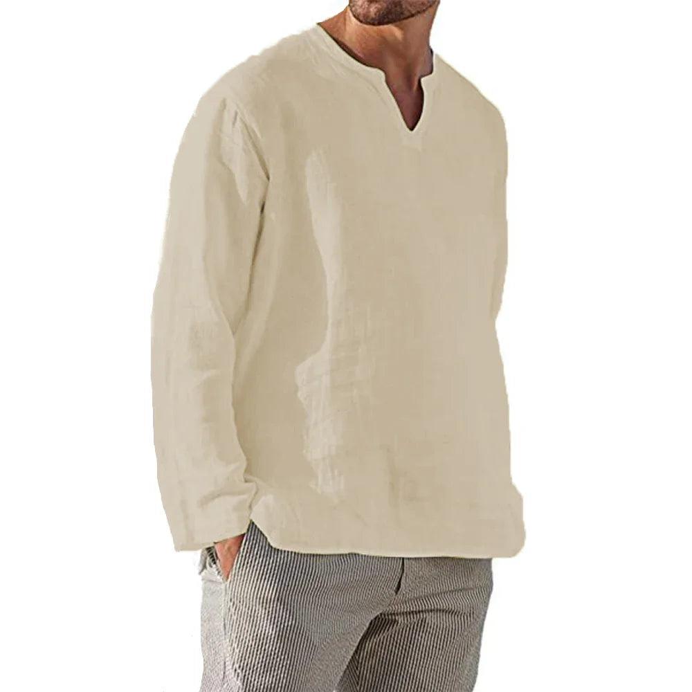 Breezewalk Linen Shirt | Men's V-Neck Long Sleeve Cotton Blend Pullover