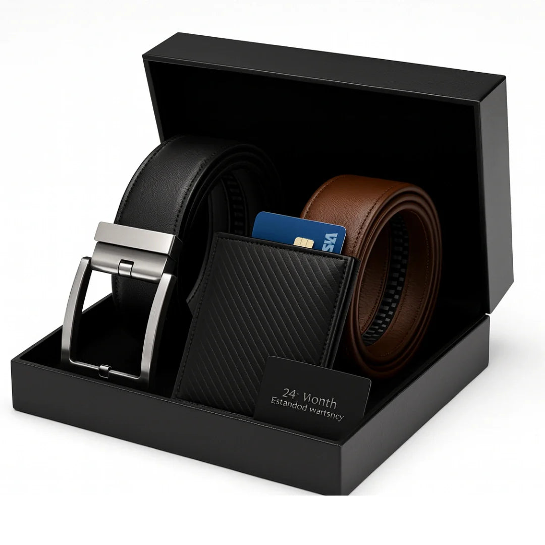 AutoFit Belt™ Executive Elite Gift Set – Self-Locking Buckle + 2 Luxury Straps + Card Holder + Premium Box | 50% Off